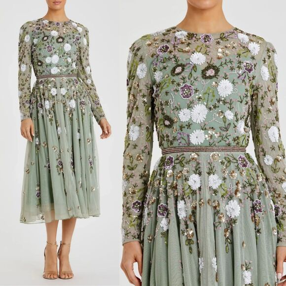 Mac Duggal 5716 Size 6 Sage Green Floral Beaded Long Sleeve High Neck Midi Dress - Picture 1 of 5